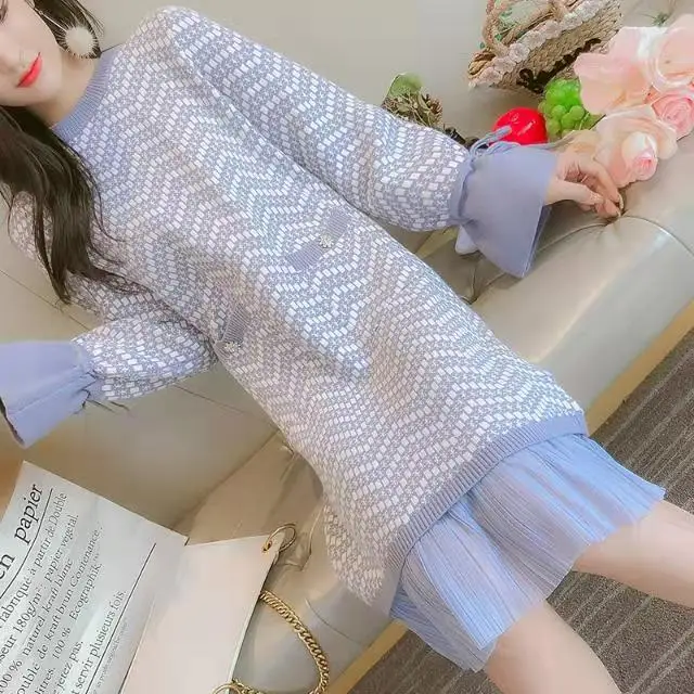 

[S-4XL]2020 Fall/Winter Korea Style New Plus Size Women'S Thick Section Thin Over The Knee Fat Sister Knitted Sweater Dress