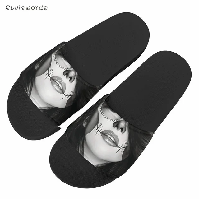 

ELVISWORDS Fashion Gothic Girl Printed Summer Soft Flats for Women Ladies Indoor Slip on Casual Slides Non-slip Female Sandals