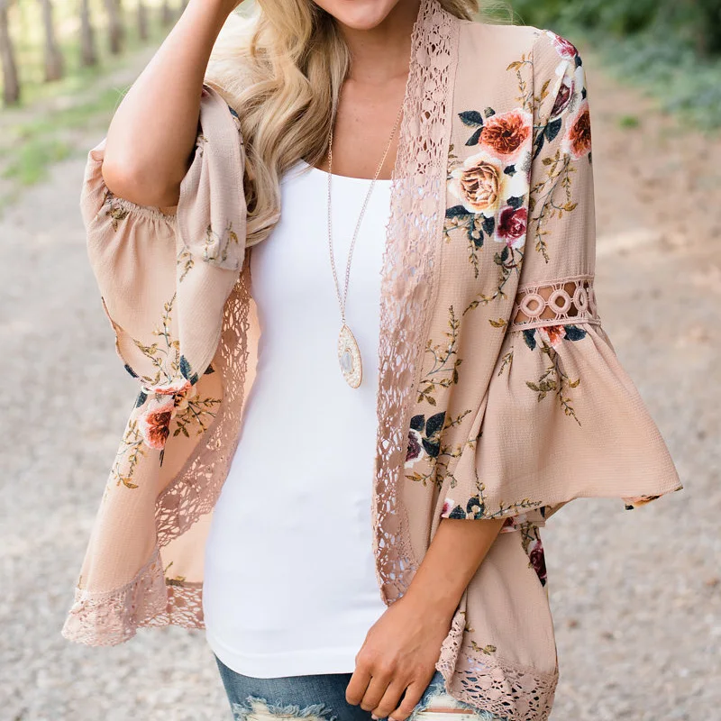 

Women Summer Autumn Flare Sleeve Floral Printed Lace Patchwork Chiffon Cardigan Tops Casual Open Stitch Outwear Plus Size Kimono