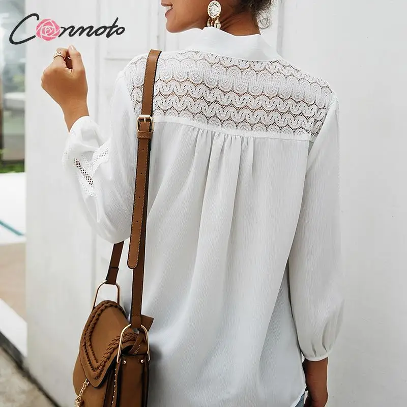 Conmoto Женские топы и блузки 2019 белые рубашки с длинным рукавом кружевные лоскутные
