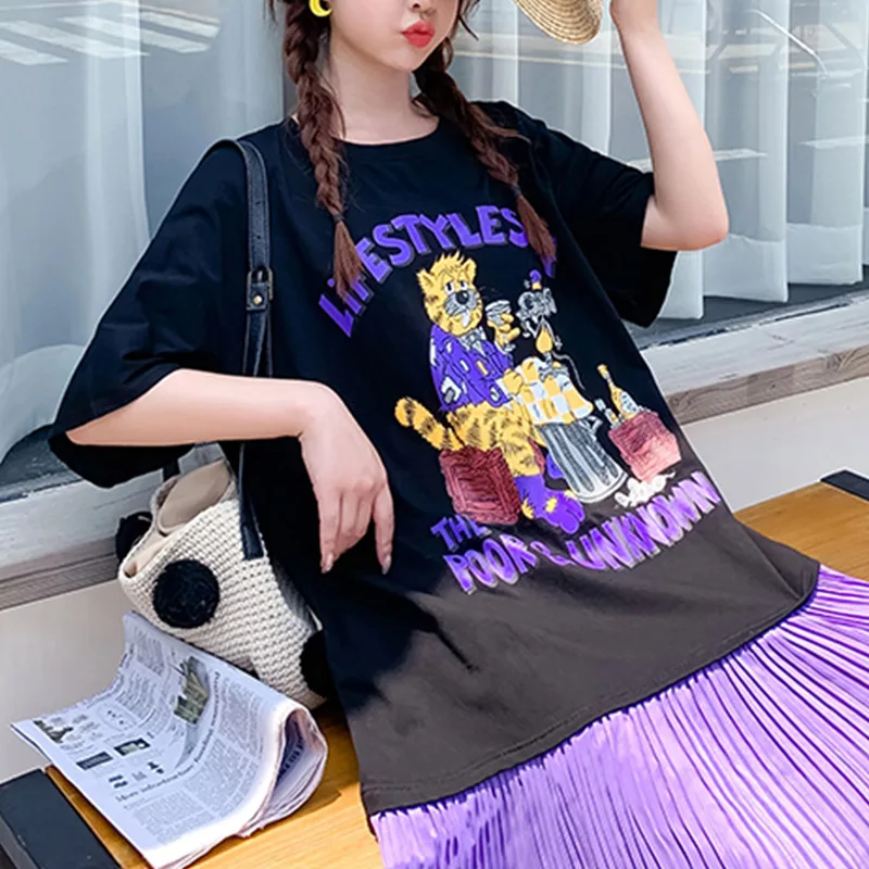 

Plus Size Summer Korean Women Large Swing Dresses Womens Cartoon Printed Pleated Chiffon Long Dress Ladies Cotton Dress 2020 5XL