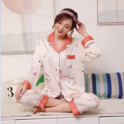 

Summer ice silk pajamas women fashion printing suit long sleeve thin section simulation silk ladies two piece home service