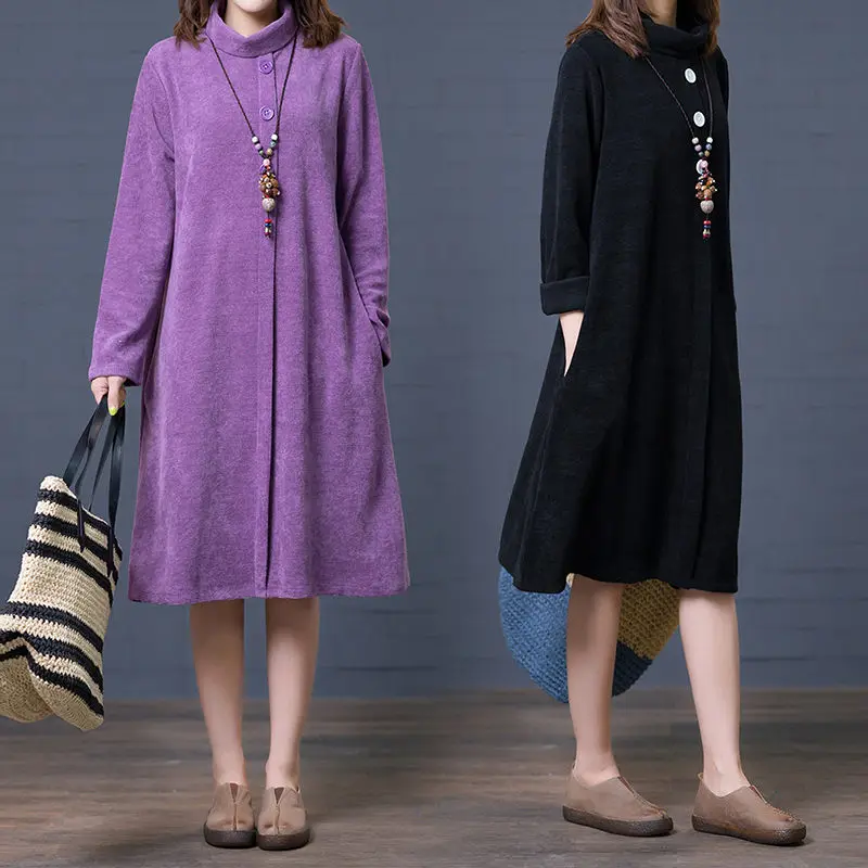 

Женское свободное платье в стиле ретро, повседневное однотонное теплое платье средней длины с высоким воротником, модель f2582 на осень и зиму