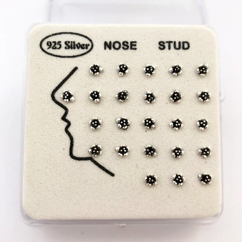 

24pcs/set 100% 925 Sterling Silver Vintage flower Nose Rings & Studs ball end Piercing Jewelry For Women men Girls Wholesale New