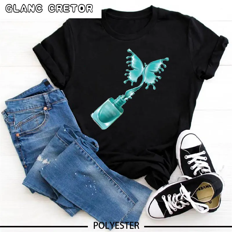 

Harajuku 90s Girl Ullzang Kawaii Women Tee Shirt Streetwear Aesthetic T Shirt Nail Polish Print Female Black T-shirt Tops Women