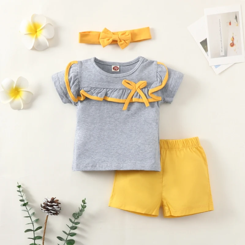 

Летний детский костюм с коротким рукавом, Повседневная модная рубашка с круглым вырезом + шорты, комплекты одежды для новорожденных девочек...