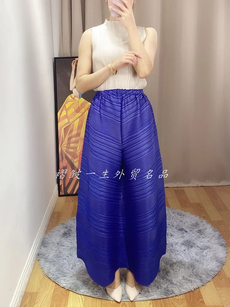 HOT SELLING Miyake fashion fold high waist all-match Gradient Wide leg pantswide leg pants IN STOCK