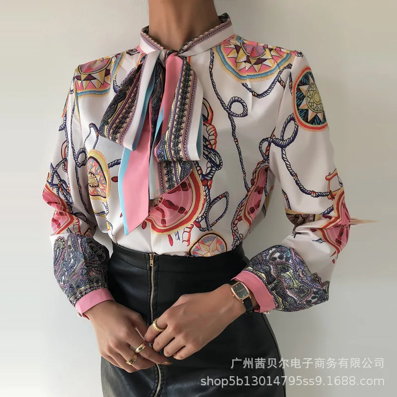 

WEPBEL Women Floral Printed Shirts Top French Style Bow Streamer Blouses Casual Long Sleeve Shirt Loose Autumn Tops