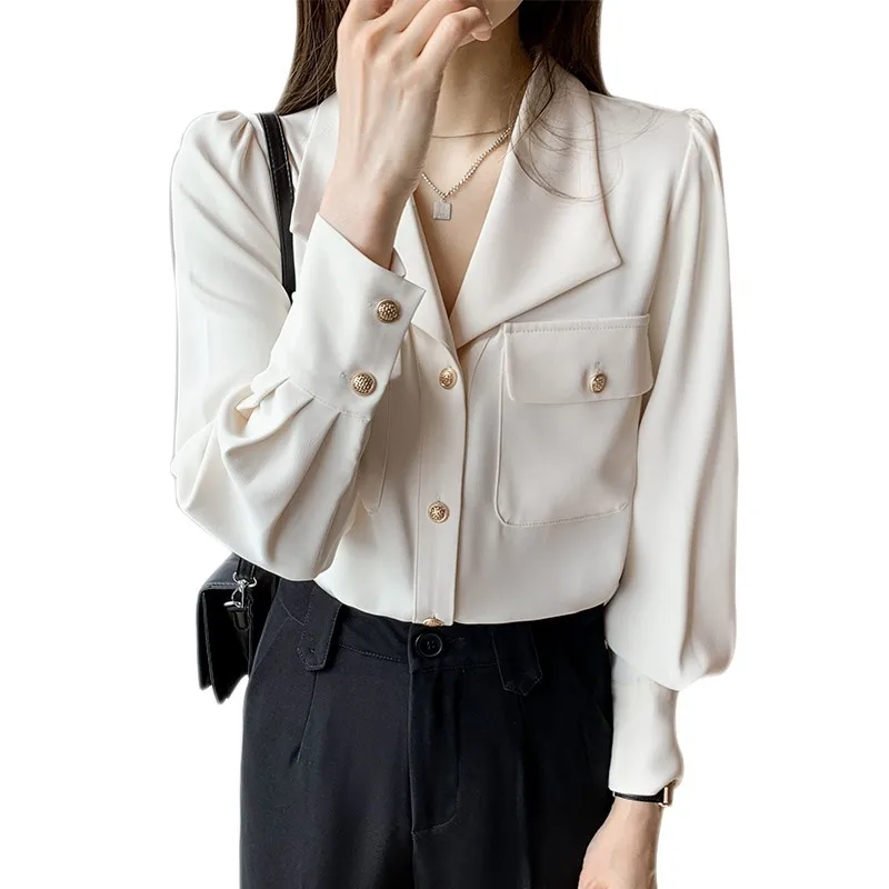 

Korean Elegant Long Sleeve Shirt Women 2021 Spring Loose Pockets Fashion Chiffon Blouse OL White Tops