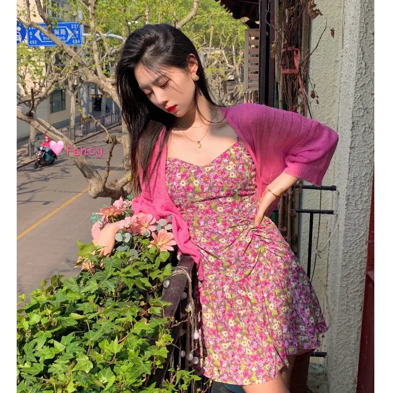 

Нежный женский костюм в Корейском стиле, женское платье на бретельках с цветочным узором + верхняя одежда, тонкий солнцезащитный кардиган