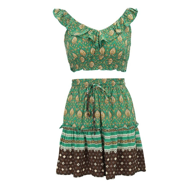

Women 2pcs Boho Floral Outfit Set Ruffled Cami Crop Top and Pleated Mini Skirt
