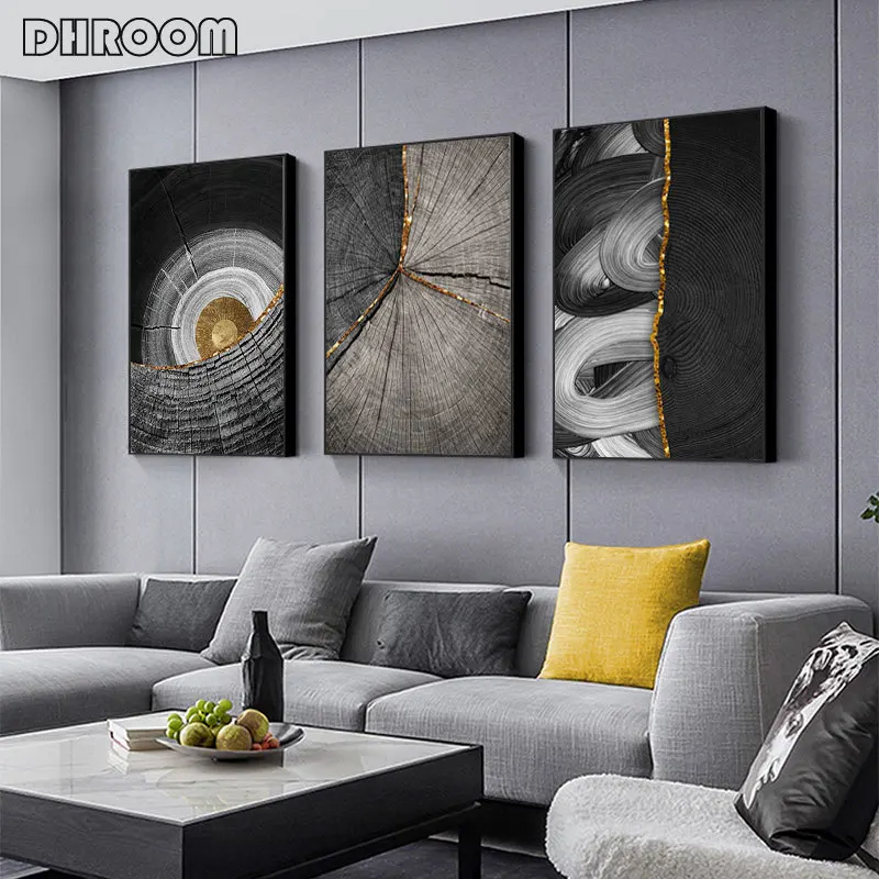 

Nordic Decoration Abstract Black and White Wood Grain Painting Gloden Wall Art Poster Print Pictures for Living Room Home Decor