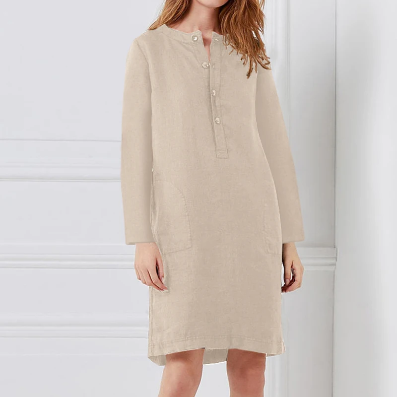 Women's Dress Autumn Cotton Blends Casual Round Neck Long Sleeve Single-breasted Solid Color Plus Size | Женская одежда