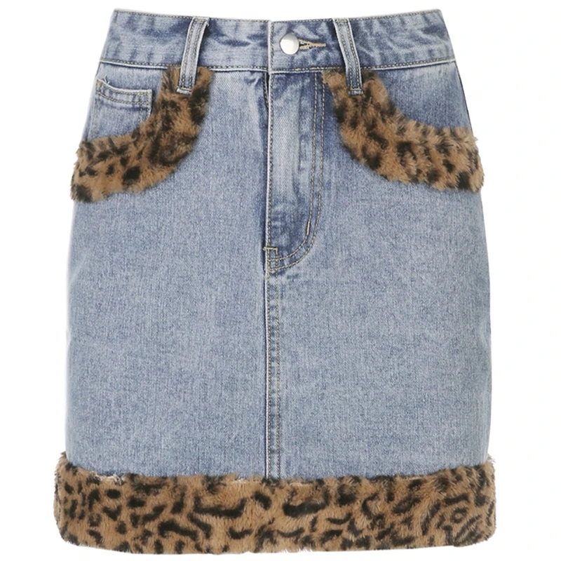 

2021 Women Sexy High Waist A-Line Denim Mini Pencil Skirt Vintage Leopard Plush Patchwork Harajuku Slim Fit Streetwear Pocket