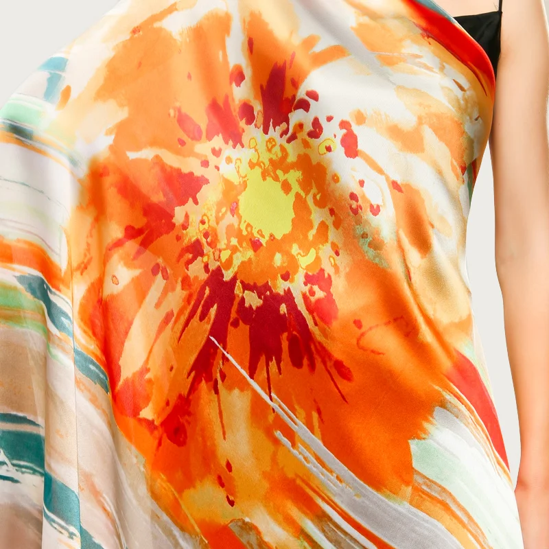 Bright Flower Design Silk Scarf Large Print Foulard Female Soft Shawl Wrap Autumn Protection [3397] |
