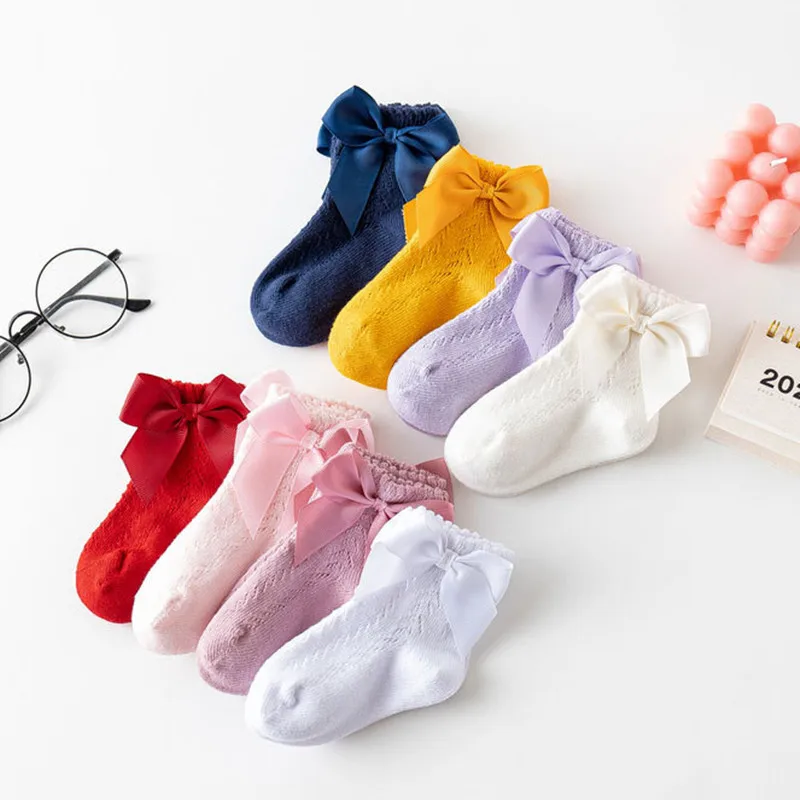 Дышащие Мягкие хлопковые носки для новорожденных, летние детские носки с бантом, однотонные носки принцессы для маленьких девочек, Несколь...