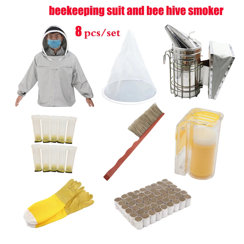 8Pcs Stainless Steel Manual Bee Smoke Transmitter Kit Beekeeping Tool Apiculture Beekeeping Suit Tool Bee Smoker Smoke Sprayer