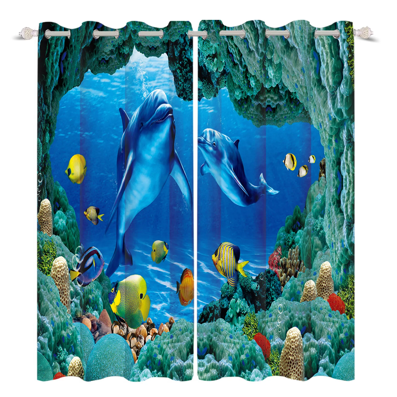 

3D Underwater World Printing Curtains Lifelike Dolphin Tropical Fish And Dolphin Printed Drapes Sunshade Insulation Curtains