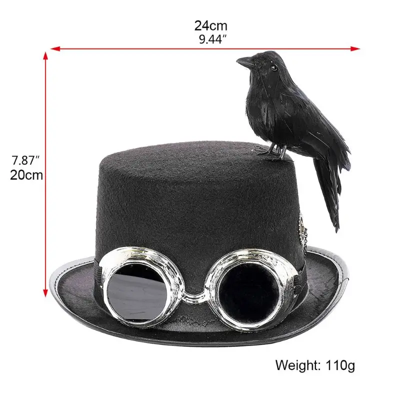 

Unisex Heavy Metal Music Festival Top Hat Carnival Retro Gothic Steampunk Cosplay Black Jazz Cap with Crow Goggles