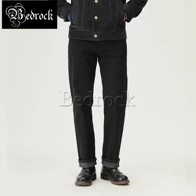 MBBCAR 12oz vintage selvedge jeans for men thin black jeans silm straight cargo pants one washed raw denim jeans black base 7343