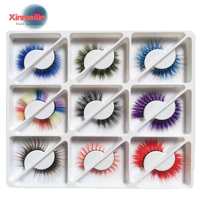 Xinmeilin 9 pairs 6D لون فو المنك جلدة الجملة حجم رقيق الفردية الملونة الرموش الصناعية تمديد طقم ماكياج