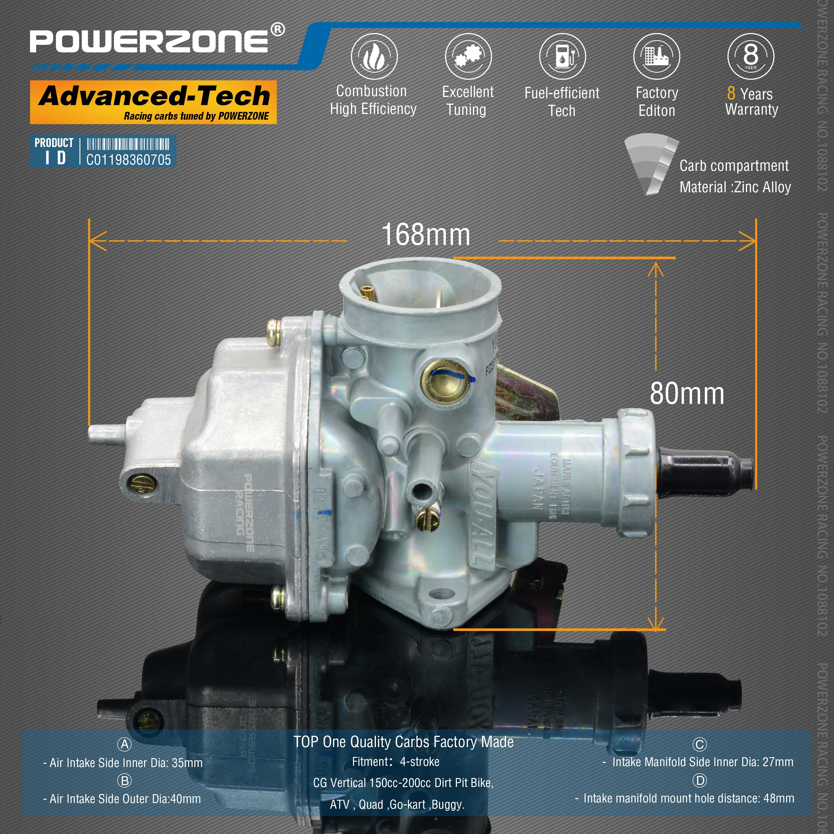 Карбюратор Powerzone PZ27 27 мм карбюратор с насосом акселератора CVK для CG 150 cc-200 куб. См
