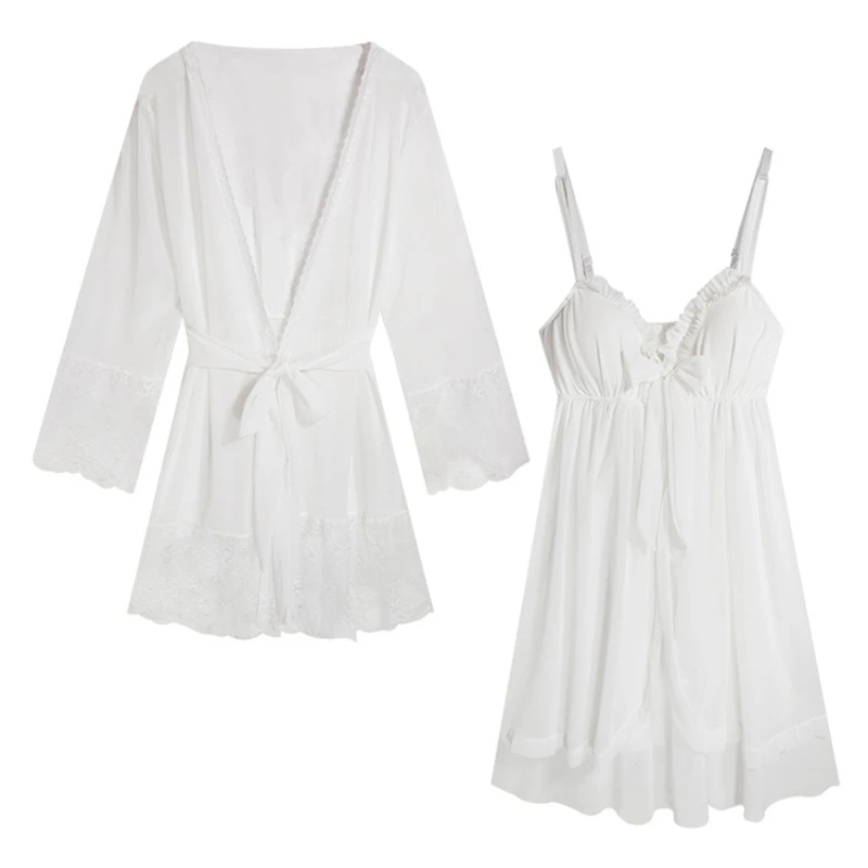 

White Fairy Wedding Strap Nightdress Women Sexy Lace Beauty Back Temptation Nightwear with Panty Dropship Two-piece Sets