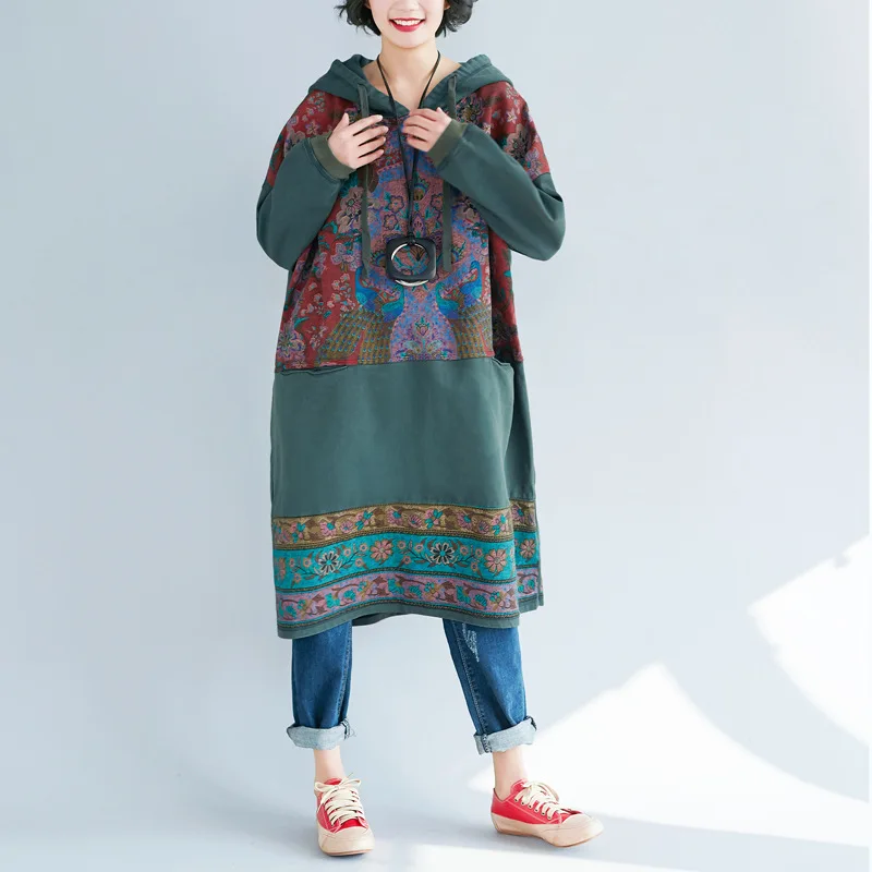 

Women's plus size sweater autumn new national style long dress, old plus size personalized printing casual hooded sweater
