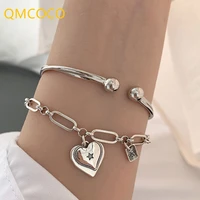 qmcoco silver color simple heart shape bracelet for women couples new trendy elegant wedding party jewelry gifts