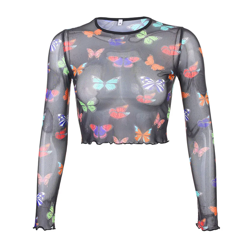 Женская летняя прозрачная сетчатая рубашка с принтом бабочки Модная приталенная