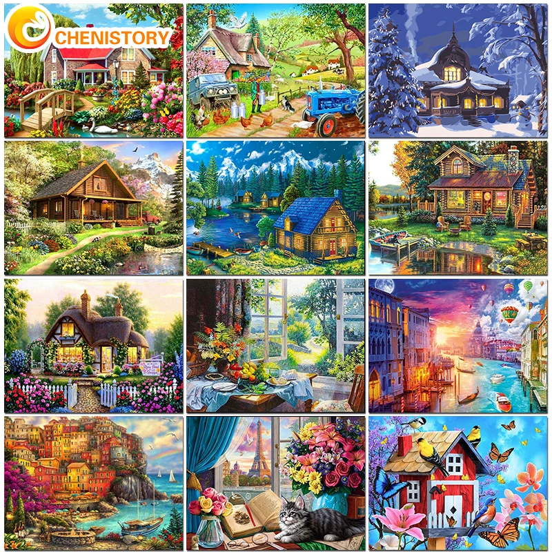 

CHENISTORY Painting By Numbers Village House For Adults Kit Landscape Oil DIY HandPaint Canvas Paint Coloring Picture Home Decor