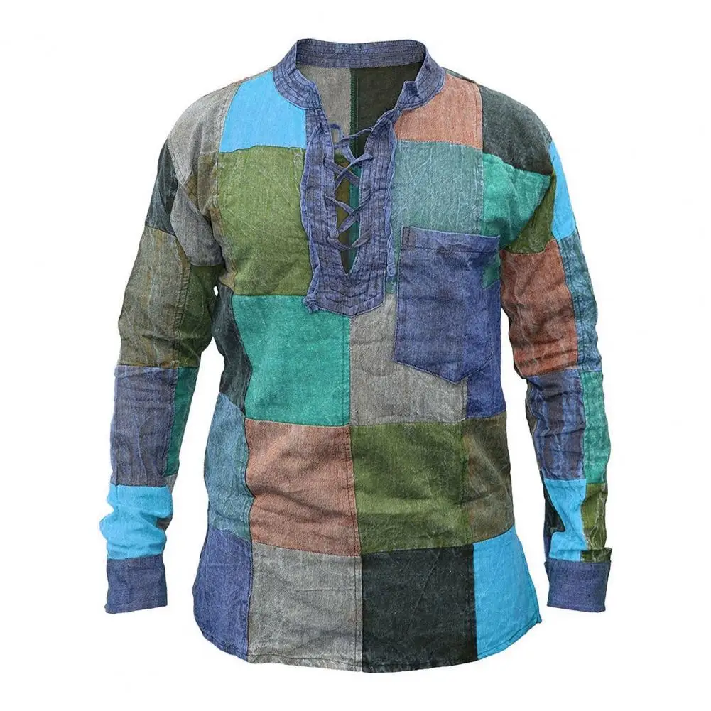 

Рубашка мужская с длинным рукавом, винтажная разноцветная блуза со шнуровкой, в стиле пэчворк, осень, повседневная одежда