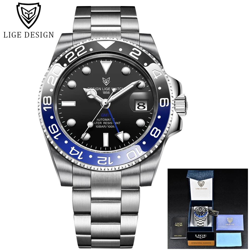 

2021 New LIGE GMT Watch Men Automatic Watch Ceramic Bezel Waterproof Sport Mechanical Wristwatch Sapphire Glass 316L Steel Clock