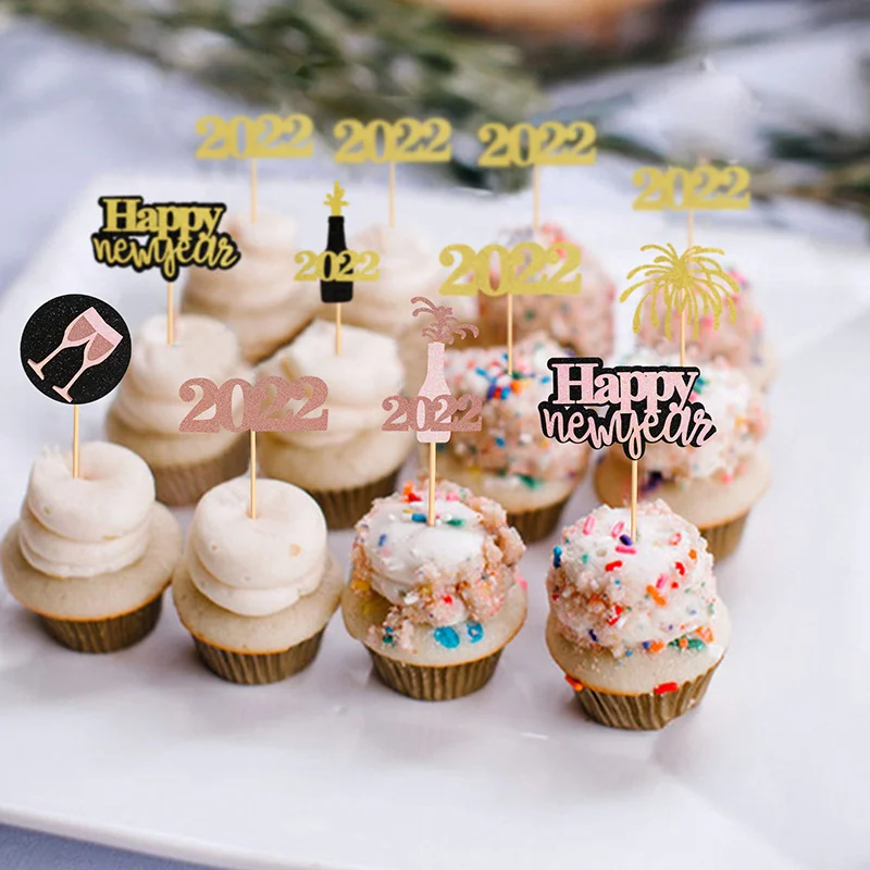 4 Uds Feliz A&ntilde;o Nuevo Cupcake Topper selecciones de pastel para A&ntilde;o Nuevo 2022 Eve cumplea&ntilde;os Navidad tarta casera decoraci&oacute;n de fiesta bandera-5
