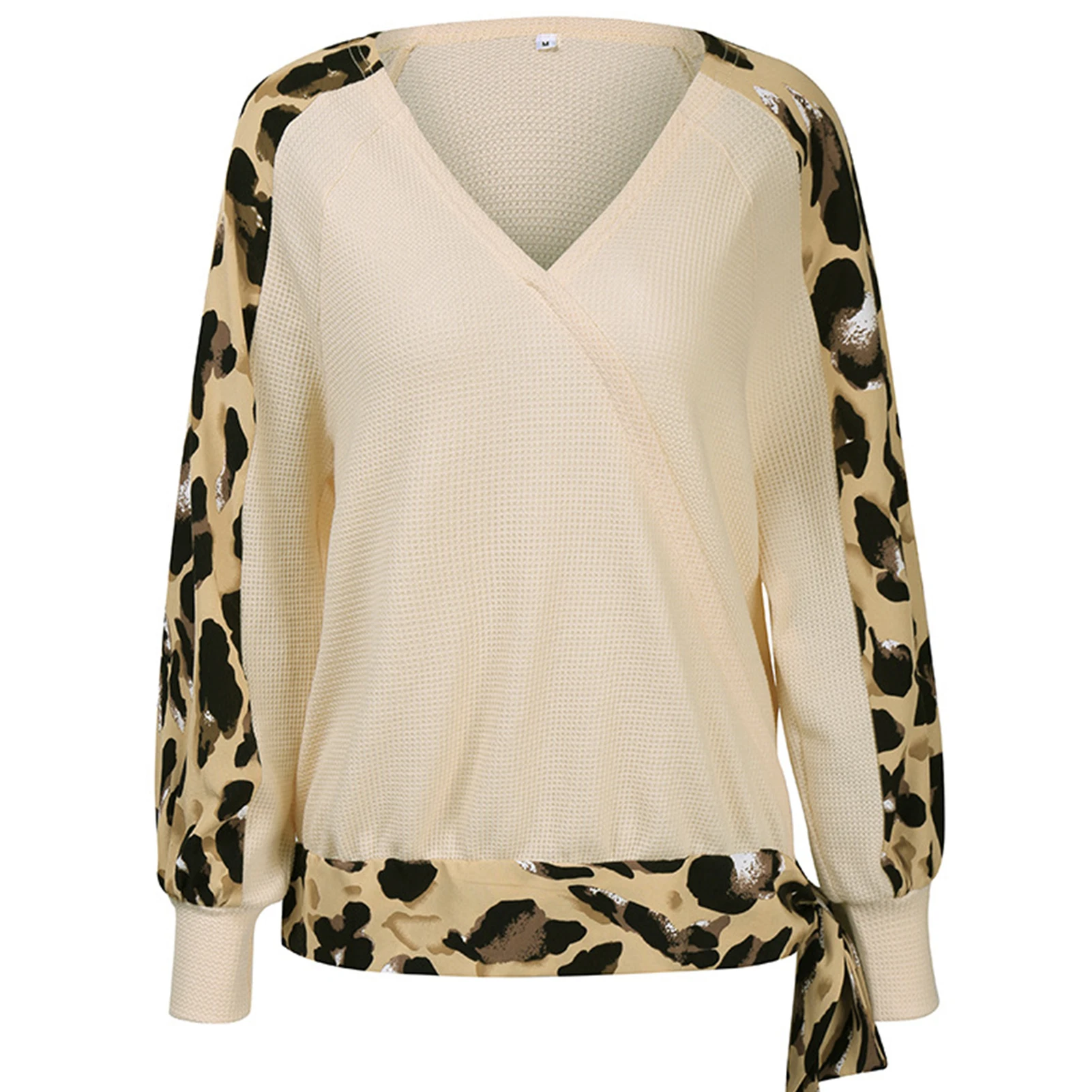 

Women Fashion V Neck Leopard Patchwork Long Puff Sleeve Blouse Knitwear Pullover