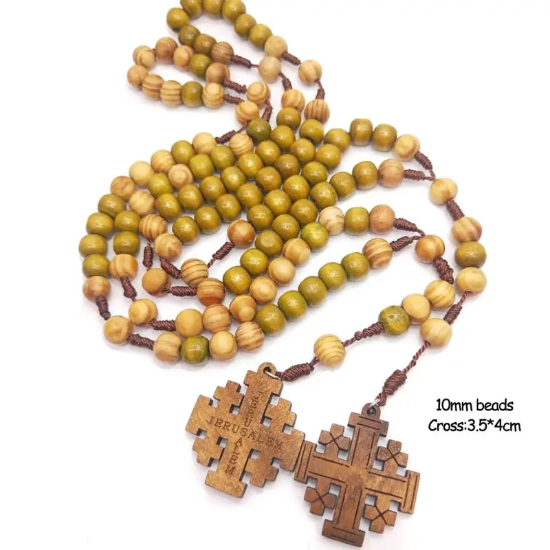 

Jesus Wooden Prayer Beads 10mm Rosary Cross Necklace Pendant Woven Rope Chain Church Supplies Jewelry Accessories D0AC