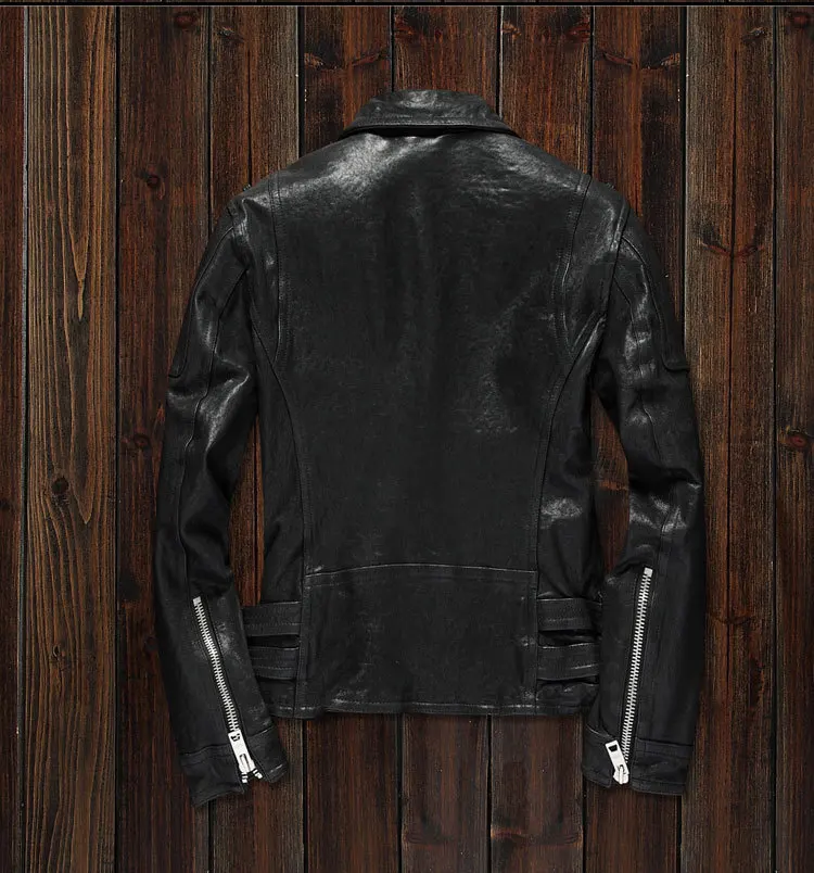 Куртка мужская из натуральной кожи модный Байкерский кожаный пиджак с двумя