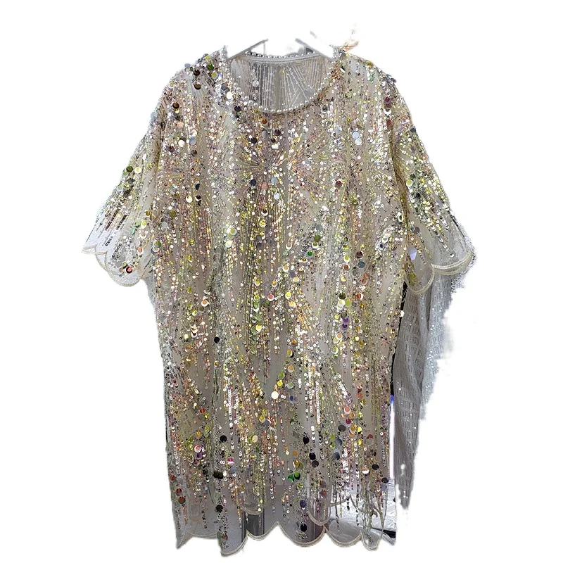 

Summer women T-shirt heavy sequins blouse Tshirt fashion perspective mesh geometric sequins loose ruffled short-sleeved T-shirt