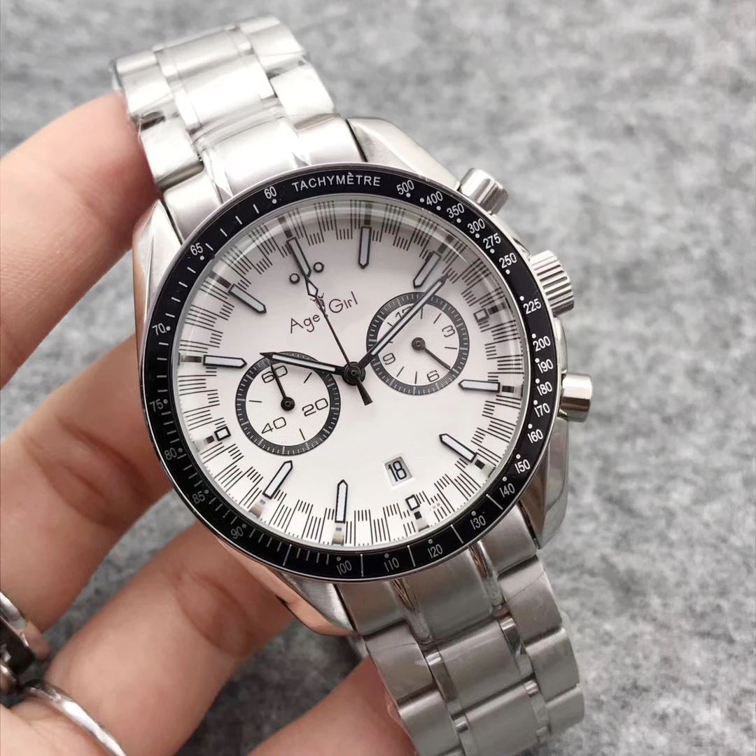 

Classic New Men Japan Quartz Chronograph White Black Dial Watch Speed Racing Luminous Ceramic Sapphire Glass Sport Moon
