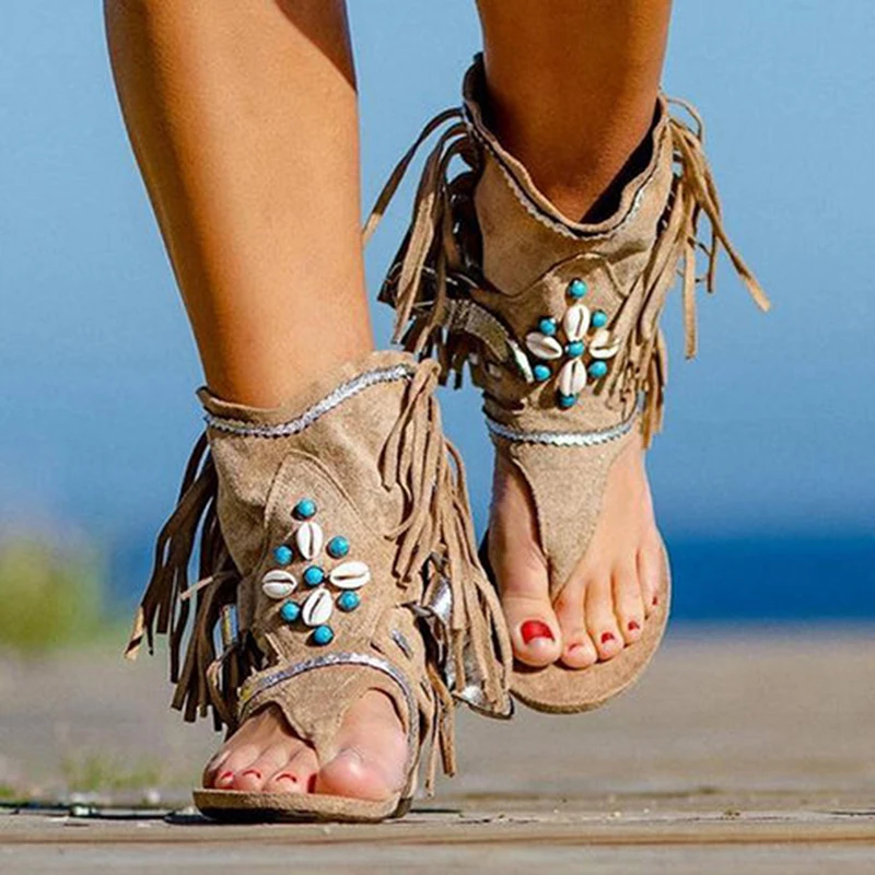 

Retro Women Fringe Flower Wedges Shoes 2020 Solid Flock Beach Casual Sandals Women Summer Flip Flop Sandals