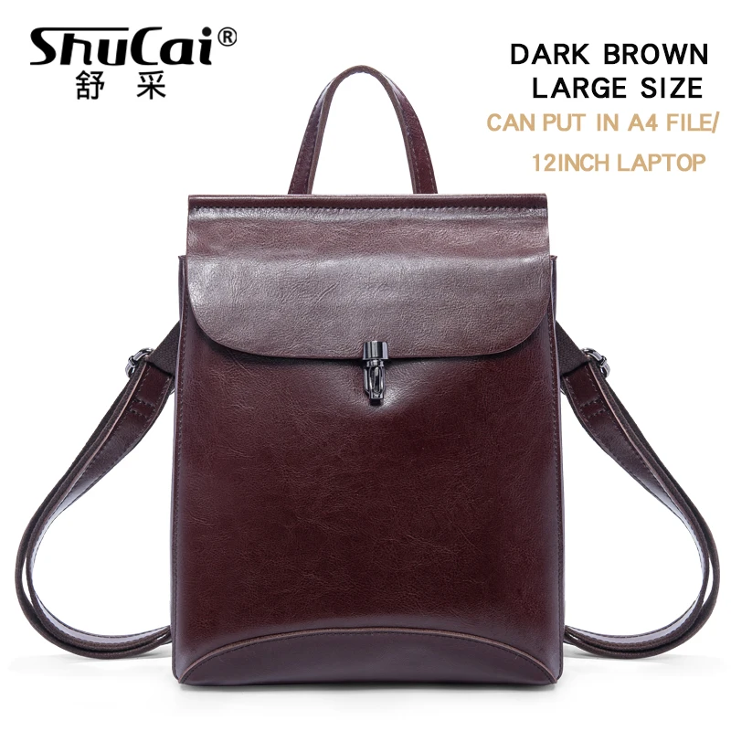 DARK BROWN LARGE Женский кожаный рюкзак с защитой от кражи, женский рюкзак для путешествий, винтажный рюкзак, школьная сумка для девочек-подростков - Цвет: DARK BROWN LARGE