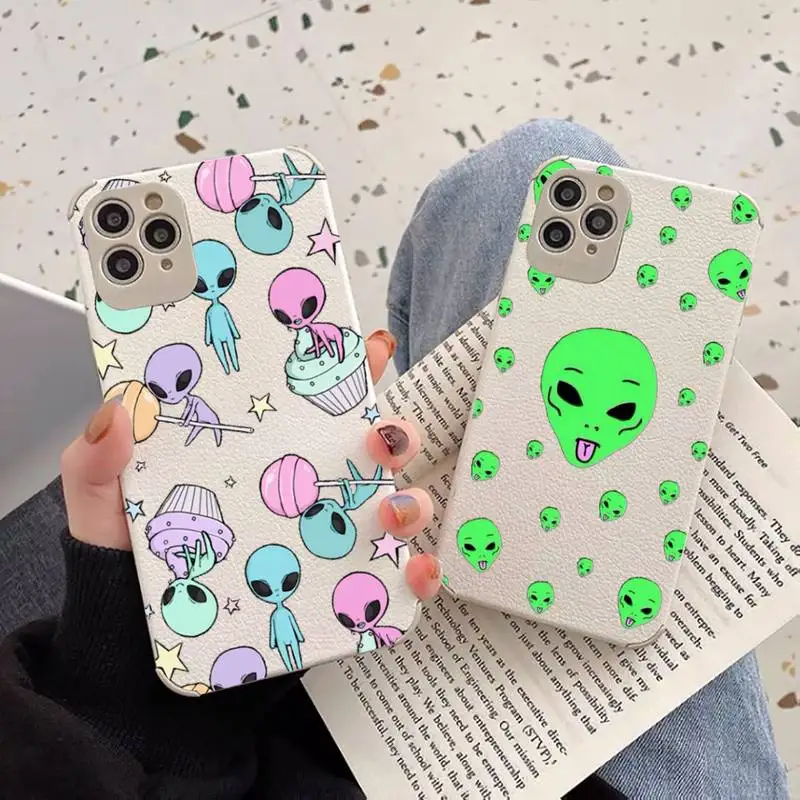 

Aesthetics alien space Cute Cartoon Phone Case Lambskin Leather For iphone 12 11 8 7 6 XR X XS PLUS MINI PLUS PRO MAX Shockproof