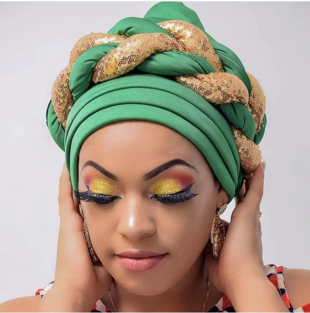 

Female Head Headties Latest Shinning Sequins Turban Cap for Women ReadyWraps African Auto Geles Aso Oke Headtie Already Made