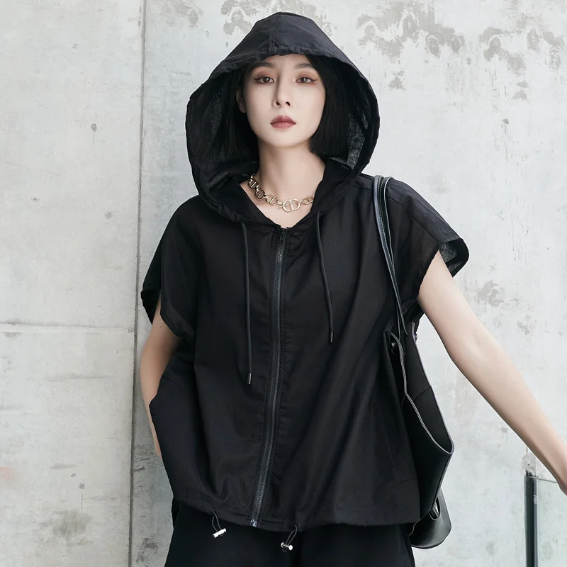

Max LuLu Summer Design 2021 Clothes Ladies Black Hooded Jackets Women Short Sleeve Punk Style Coats Female Oversized Streetwear