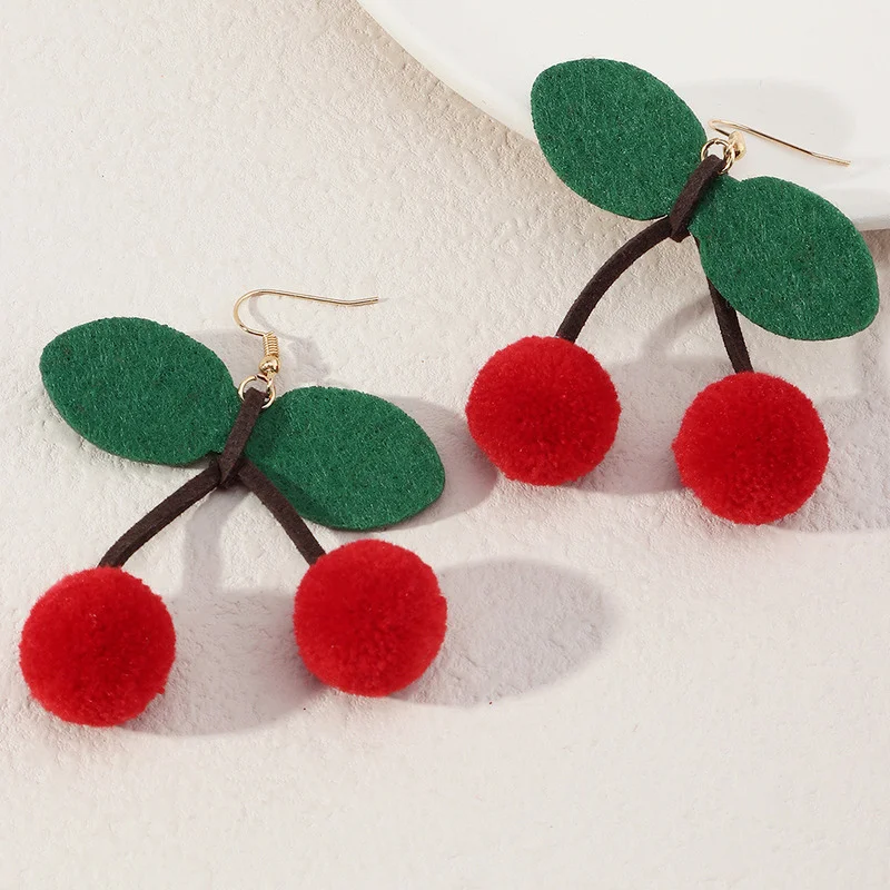 

Korean Fashion Felt Cloth Vintage Cherry Earrings for Women Funny Cute Fruit Geometric Pendant Dangle Girls Woman Earring Party