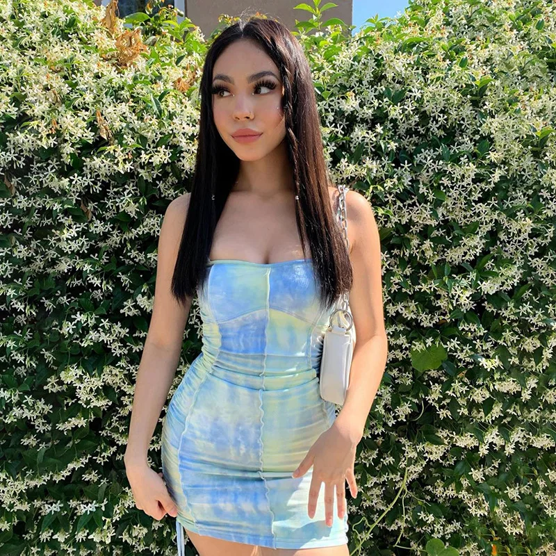 

Tassel Bodycon Patchwork Tie Dye Dress Female Sling Pleated Dresses for Women Mujer Street Casual Mini Package Hip Dress Blue