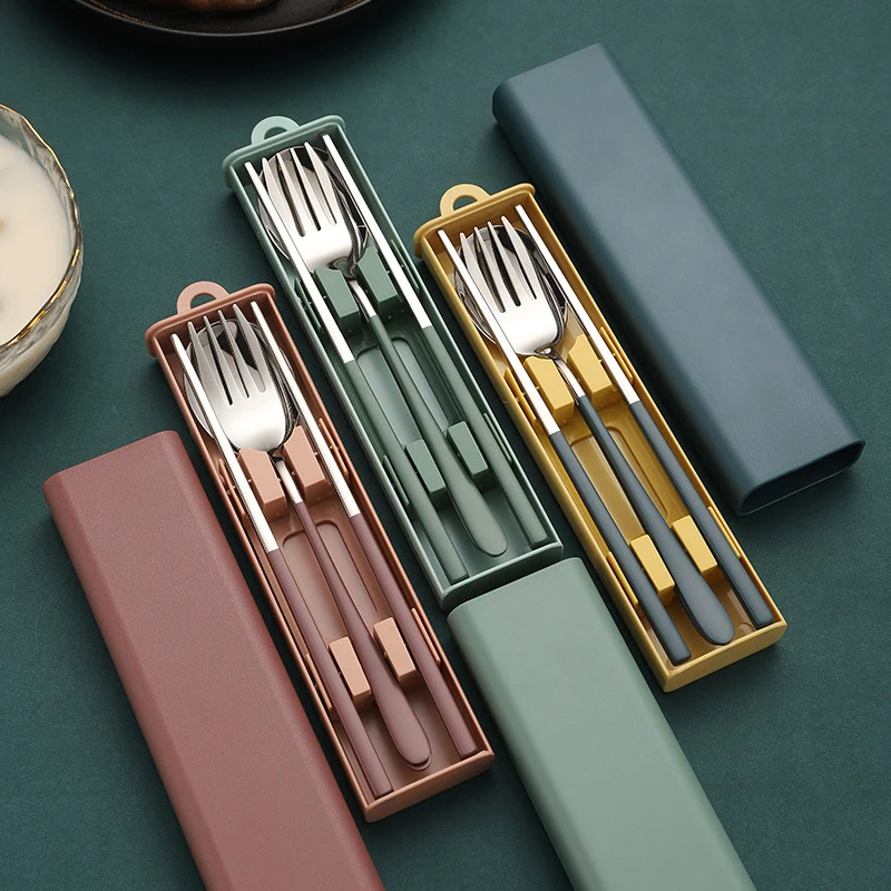 

Портативный дорожный набор столовых приборов с чехлом, ложка, вилка, палочки для еды из нержавеющей стали, посуда