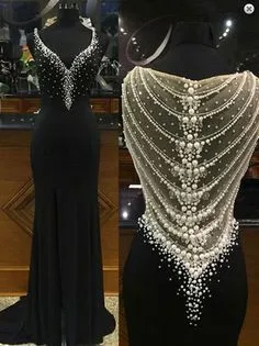 

Vintage Long Mermaid Beaded Black Prom Dresses Sleeveless Sweep Train Satin V-Neck Abendkleid Robes de Soirée for Women