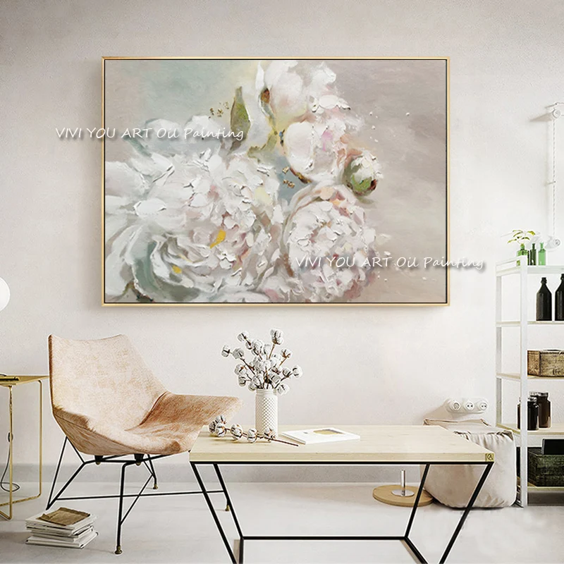 

100% Handmade Abstract White Knife Flower Canvas oil painting Modern Original Wall Art for Living Room Home Decoration Gift