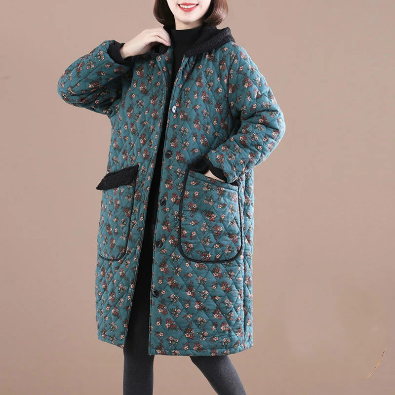 2021 New Autumn Winter Women Thicken Cotton Padded Jacket Coat Casual Loose Floral Print Hooded Parkas Warm Overcoat